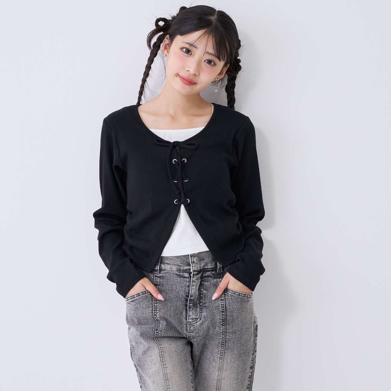 [Antibacterial Deodorizing] Lace-Up Ribbed Long-Sleeve T-Shirt,Green, large image number 6