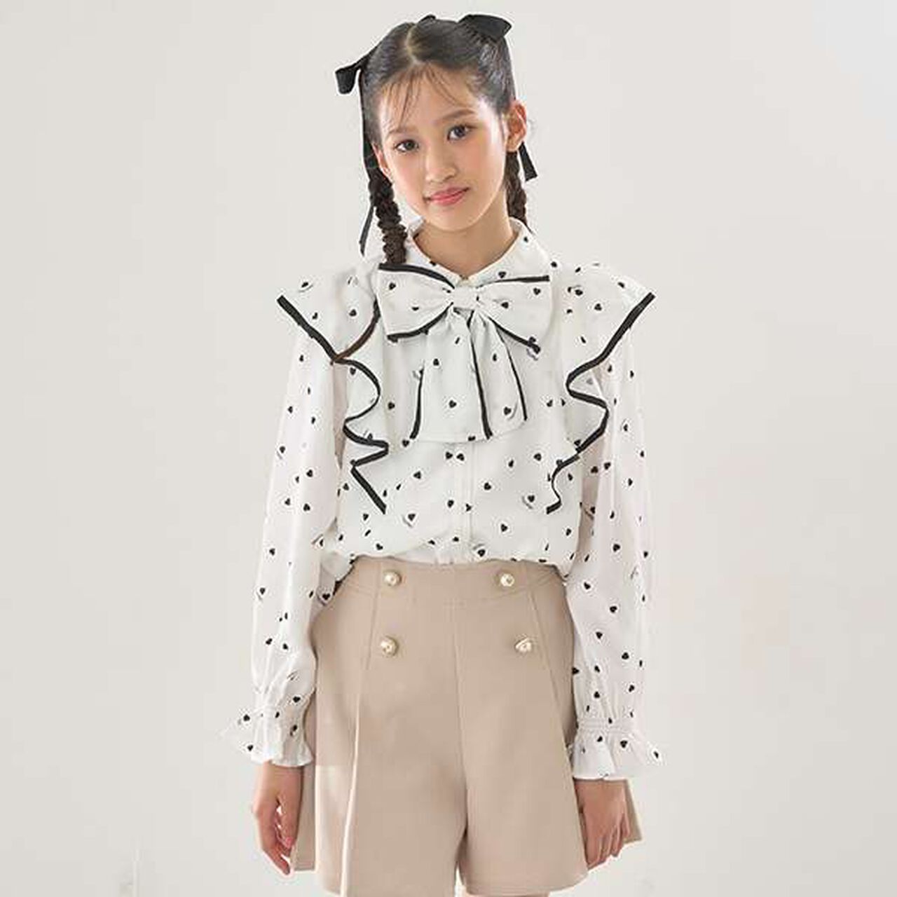 Frill Blouse with Bow Tie and Heart Pattern,Off white, large image number 5