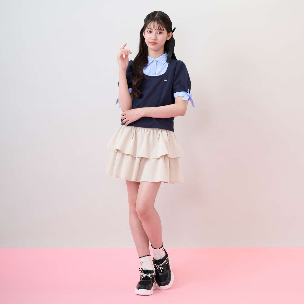 Sleeve Ribbon Fabric Docking T-Shirt,Navy, large image number 11