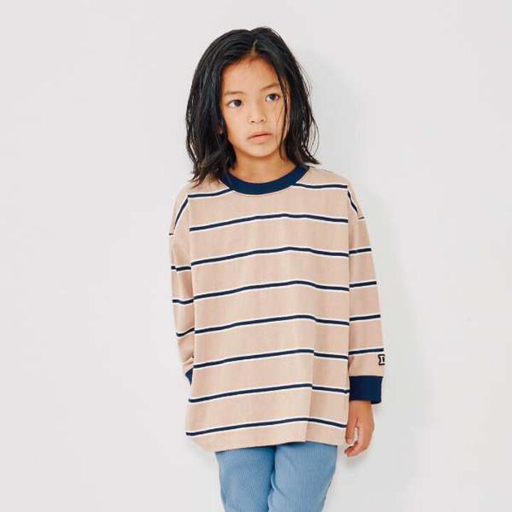 Multi Stripe Pattern Ribbed Sleeve Big Long T-Shirt,Beige, medium image number 0