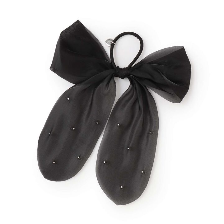 Sheer Pearl Ribbon Hair Tie,Black, medium image number 1