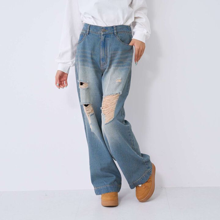 [LTXC] Distressed Denim Wide Pants,Sax blue, medium image number 8