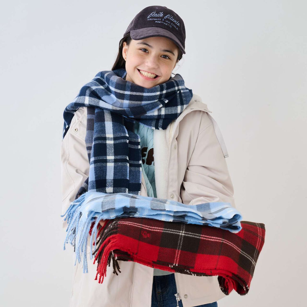 [Static-Free] Cashmere Touch Checkered Scarf,Navy, large image number 8