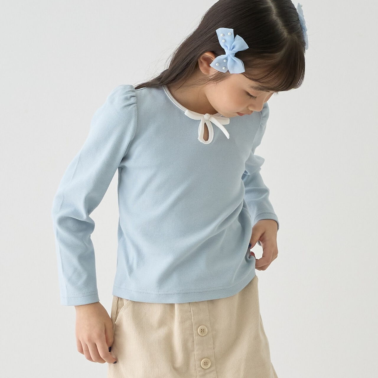[Mini Length] Bi-Color Ribbon Ribbed Top,Blue gray, large image number 0