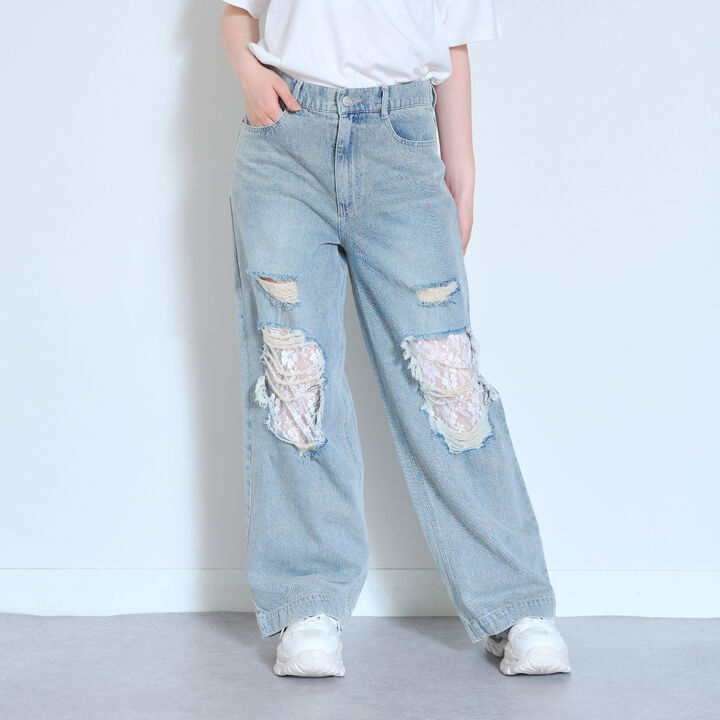 [LTXC] Lace Distressed Denim Wide Pants,Blue, medium image number 1