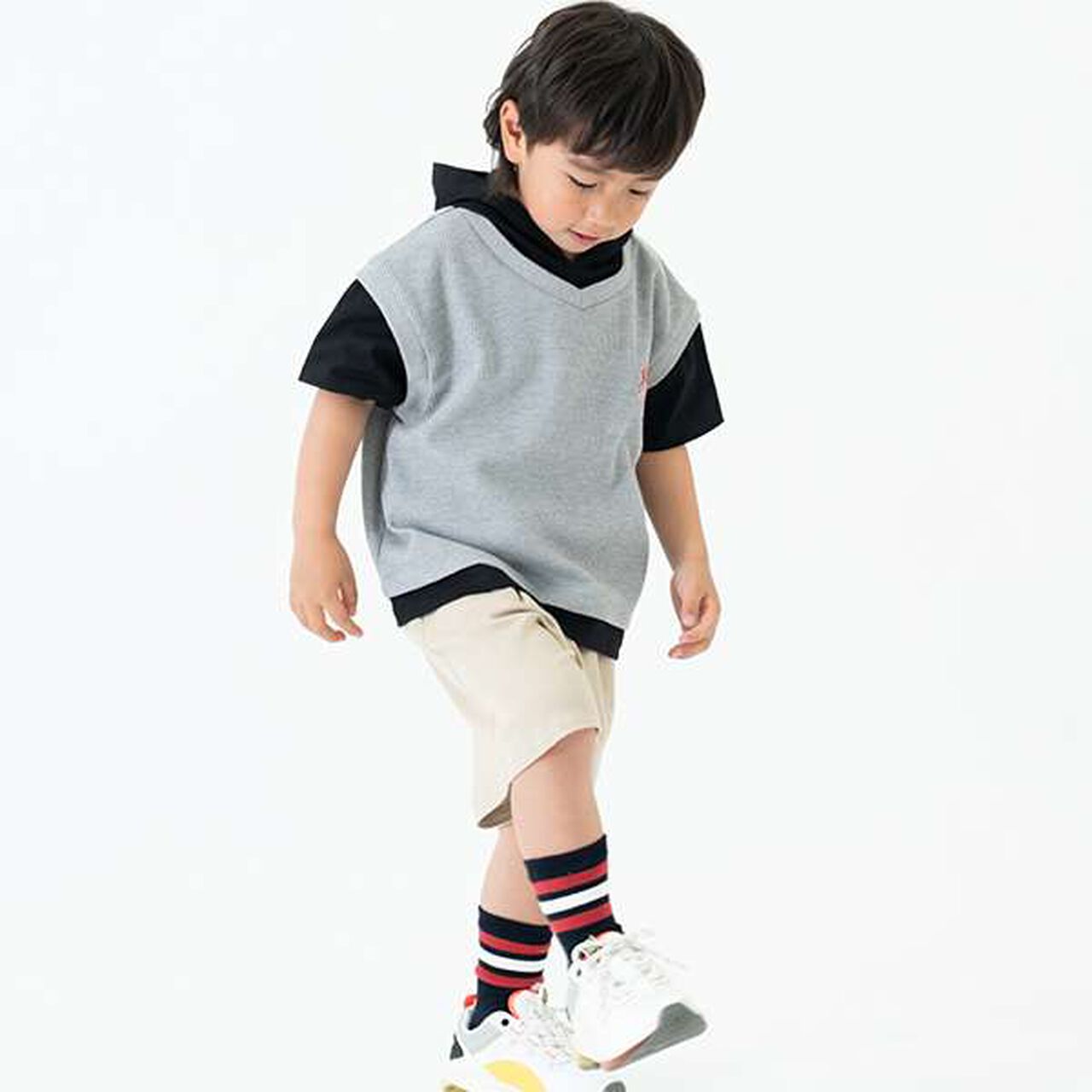 Layered Short-Sleeve Hoodie Vest,Top gray, large image number 2