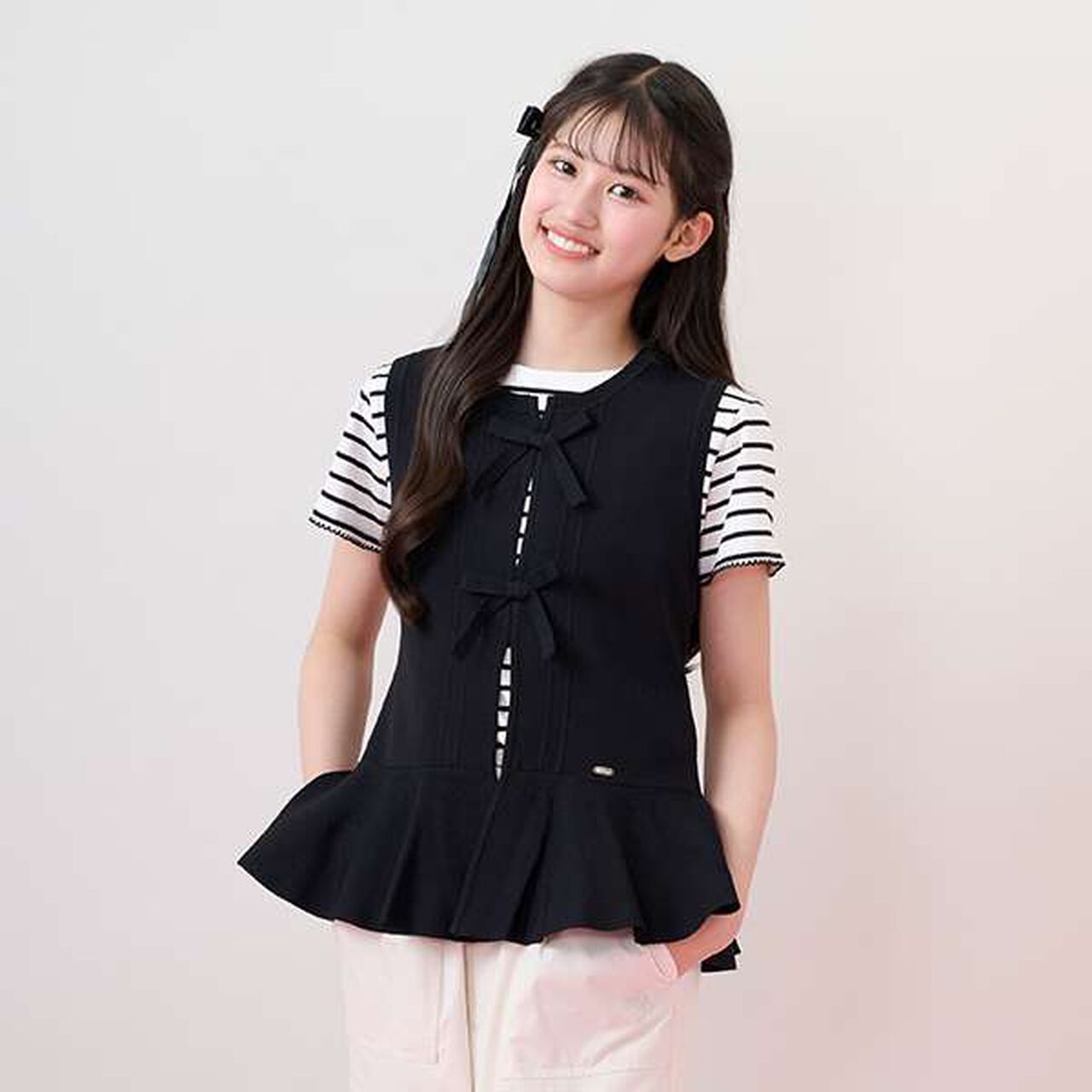 Lightweight Knit Vest & T-Shirt Set,Black, large image number 0