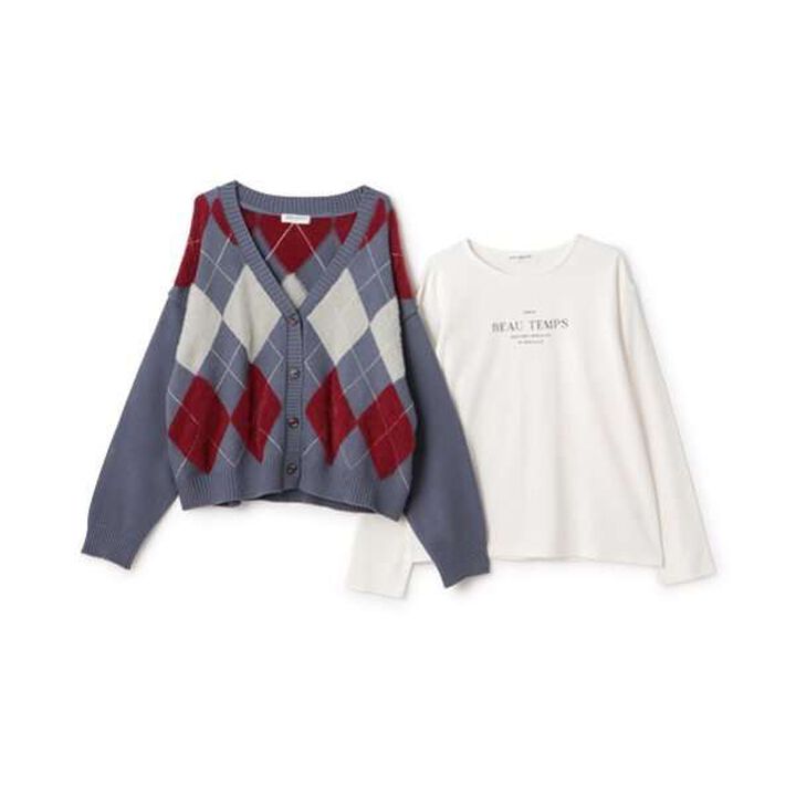 Argyle Shaggy Cardigan T-Shirt Set,Gray, medium image number 14