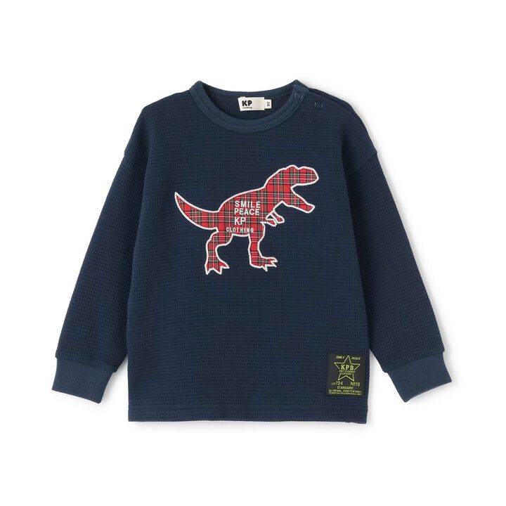 Checkered Dinosaur Appliqué Waffle Long-Sleeve T-Shirt,Navy, medium image number 0