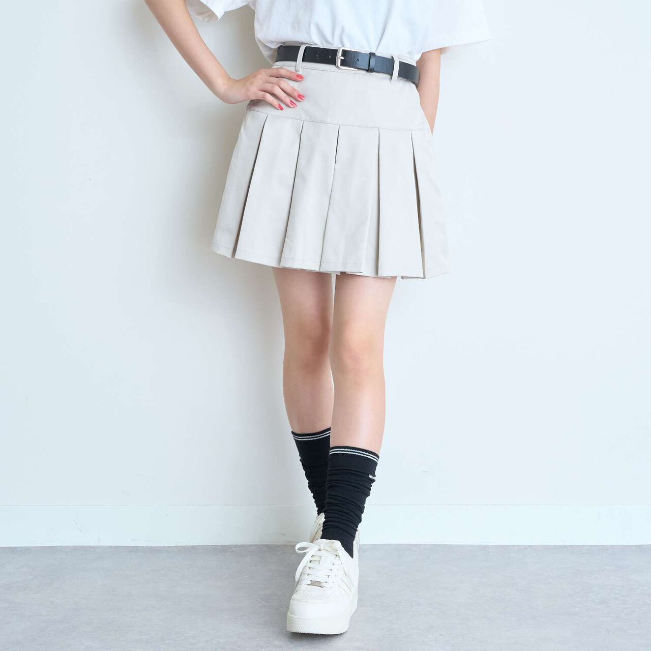 [Easy Care] Pleated Skirt with Belt,Black, large image number 3