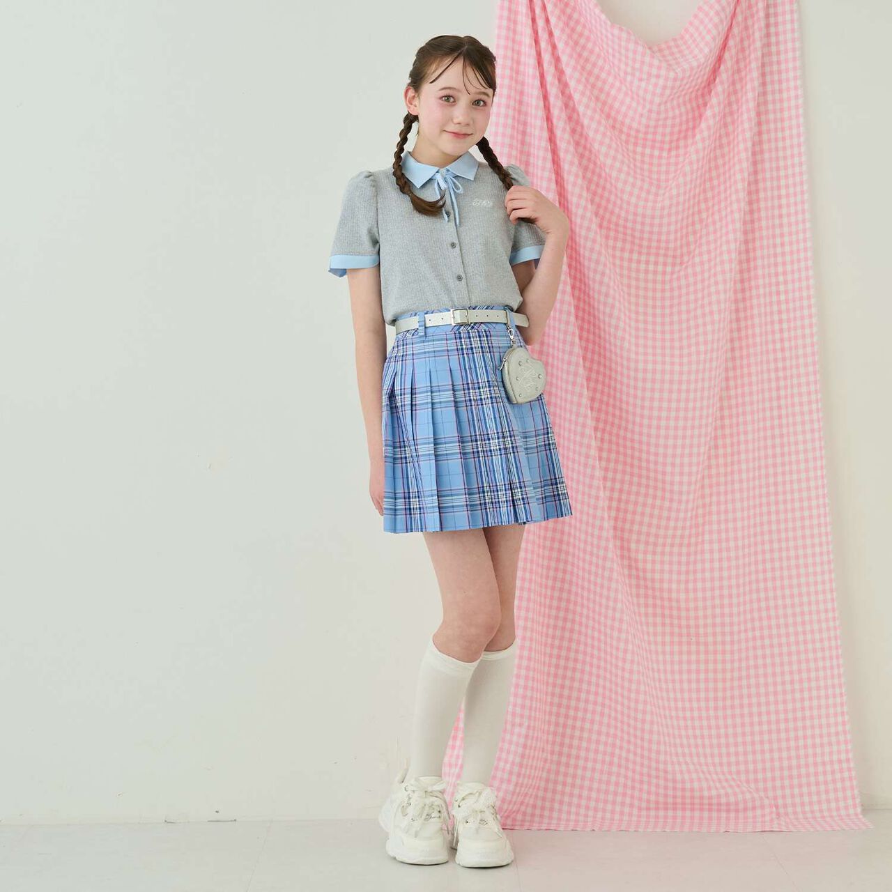 Lame Pleated Skirt with Belt,Sax blue, large image number 31