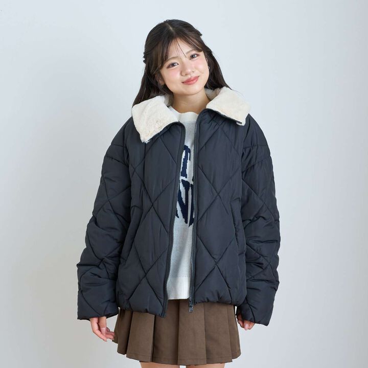 Double Zipper Puffy Quilted Bomber Jacket,Black, medium image number 3