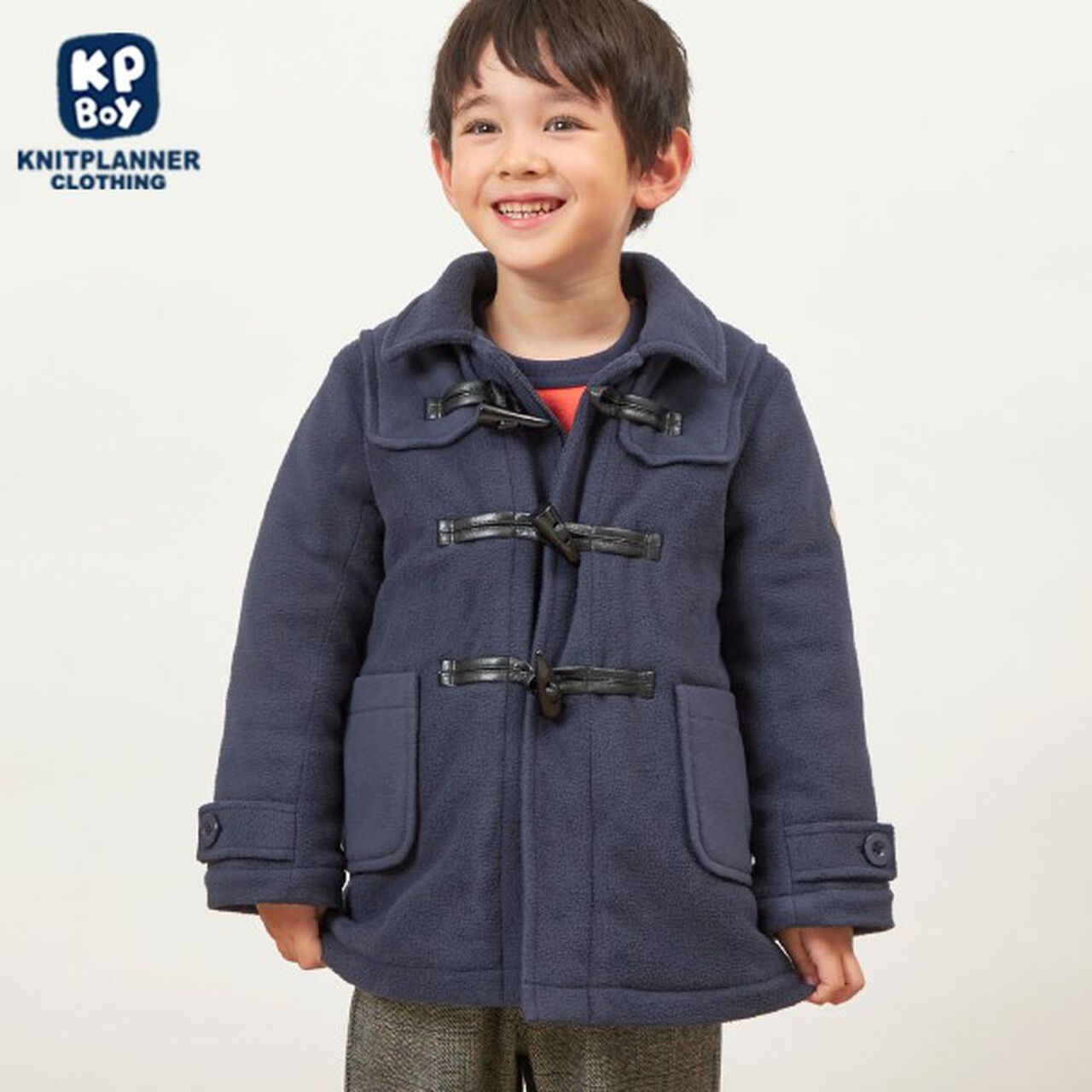 KP Boy Fleece Checkered Duffle Coat [90-130],Navy, large image number 0