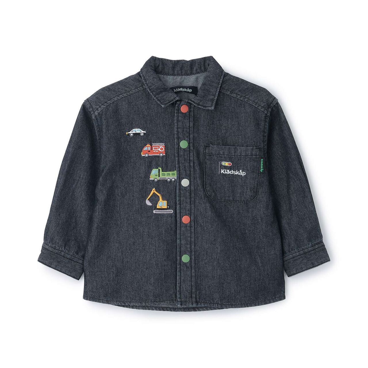 Embroidered Long-Sleeve Shirt with Work Vehicle Motif,Black, large image number 0