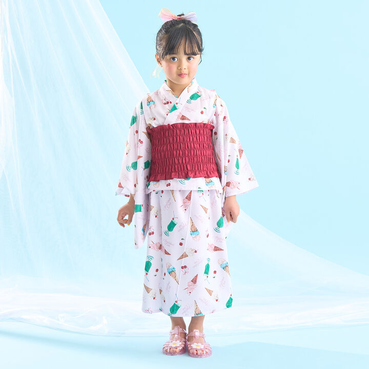 [Easy Wear♪] Cool Touch 4-Way Separate Yukata with Obi Belt (Kawaii) [Kids Girls],Dark red, medium image number 0