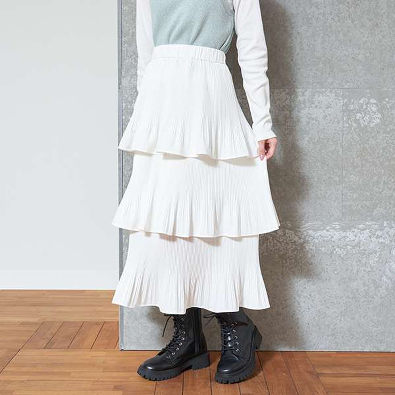 Pleated Tiered Skirt,Off white, large image number 0