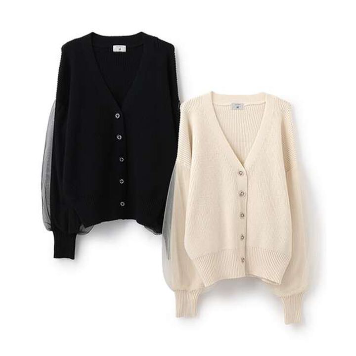 [AMI] Overlay Tulle Sleeve V-Neck Cardigan,Ivory, medium image number 9