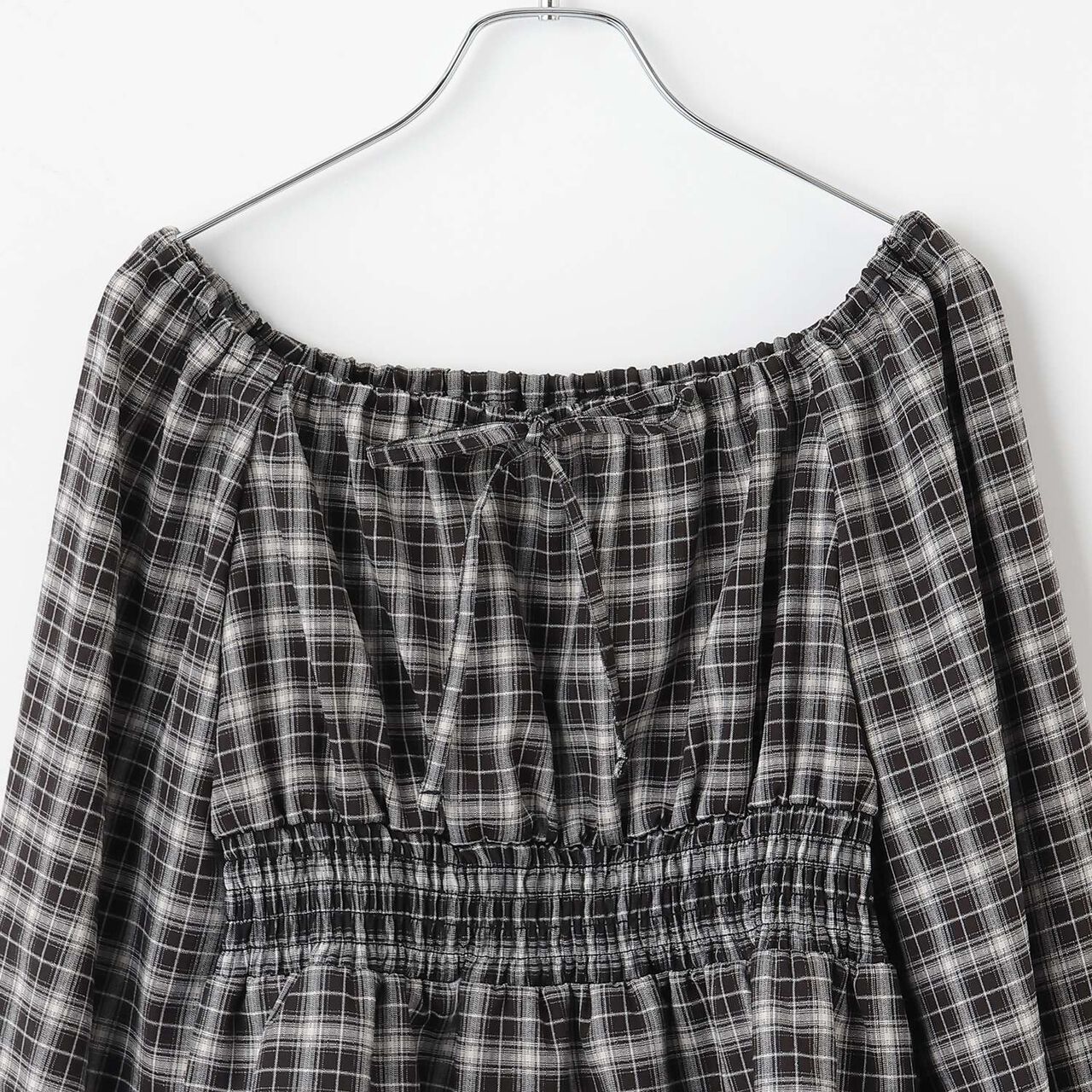 Checkered Off-Shoulder Blouse,Off white, large image number 8