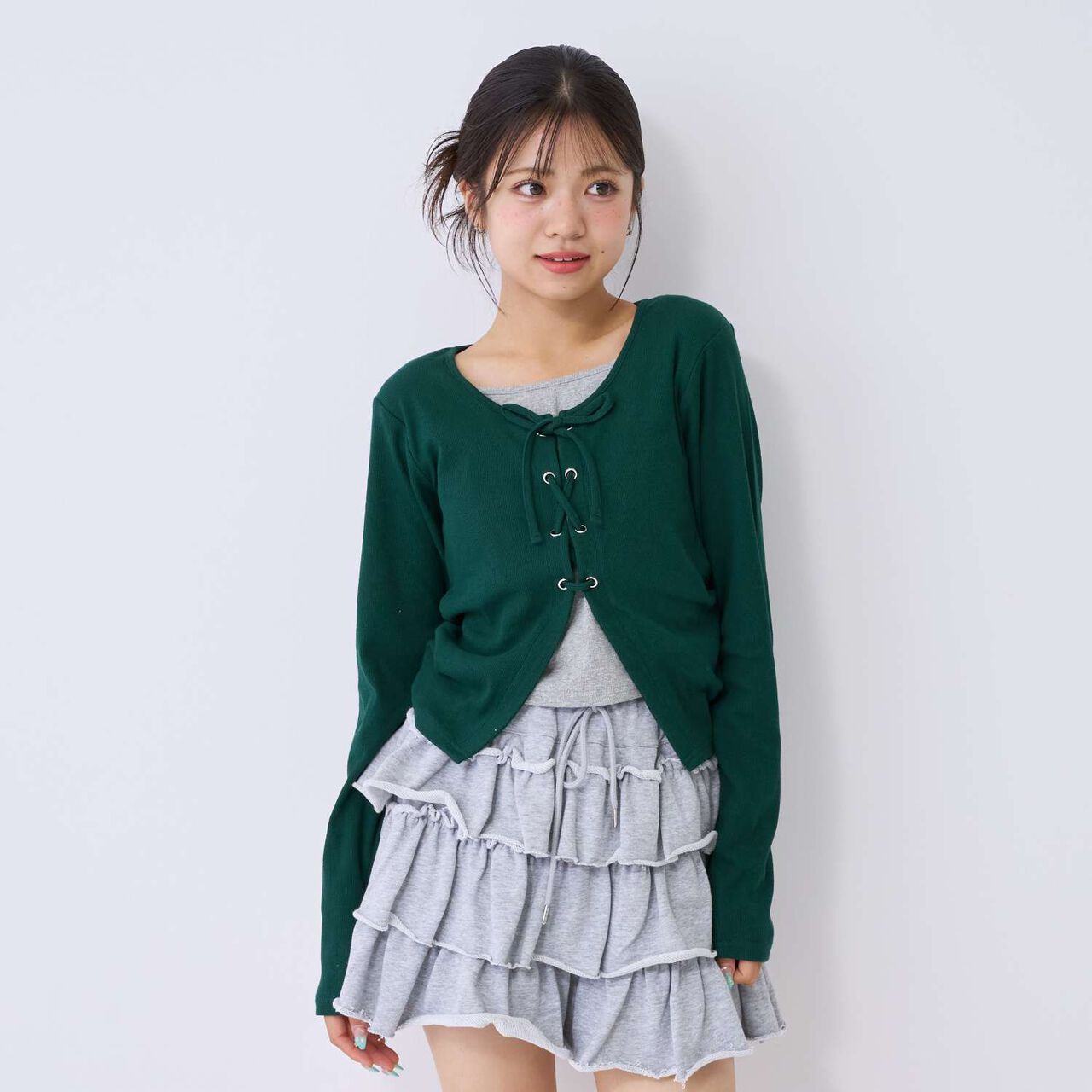 [Antibacterial Deodorizing] Lace-Up Ribbed Long-Sleeve T-Shirt,Green, large image number 3