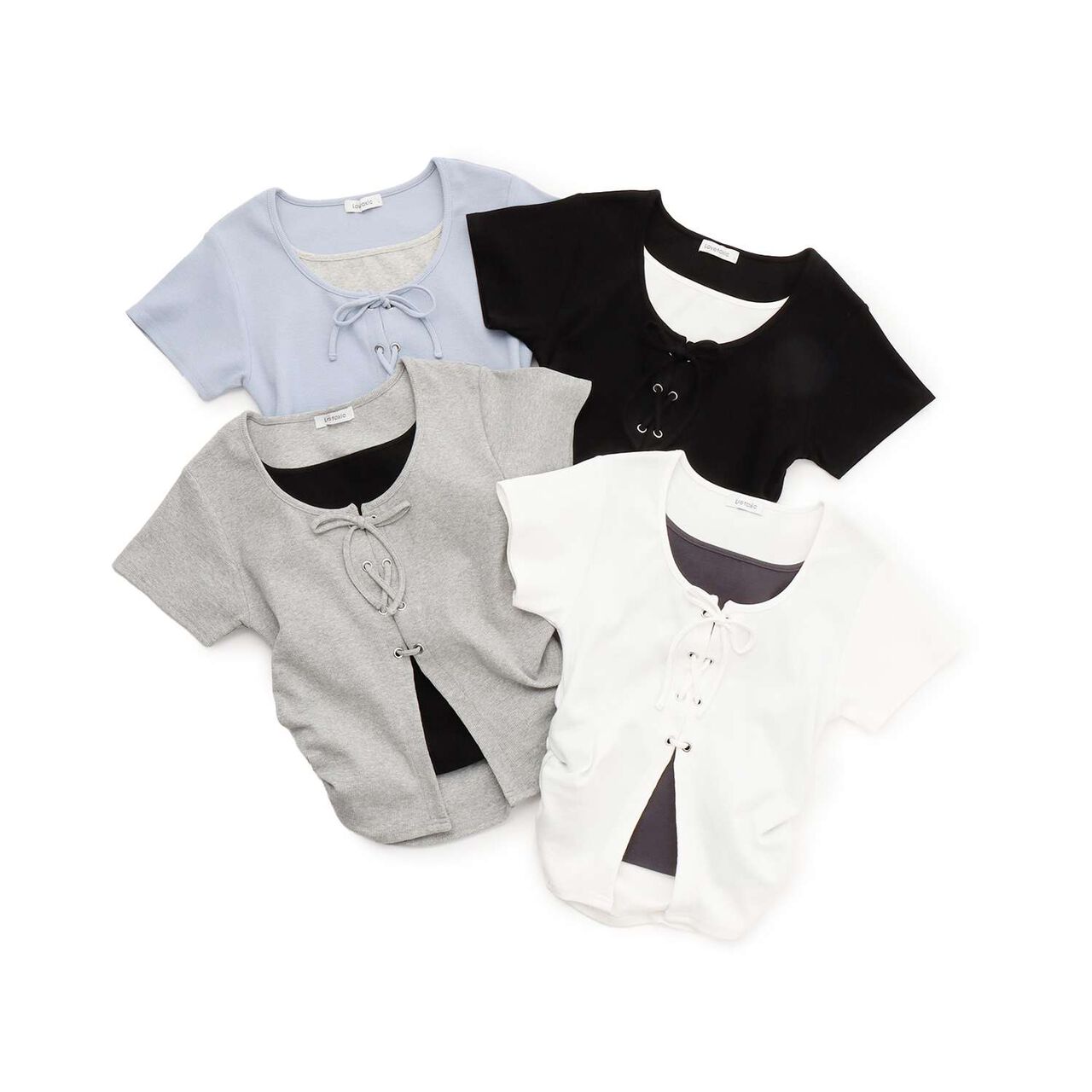 Lace-Up Ribbed Short-Sleeve T-Shirt,Top gray, large image number 7