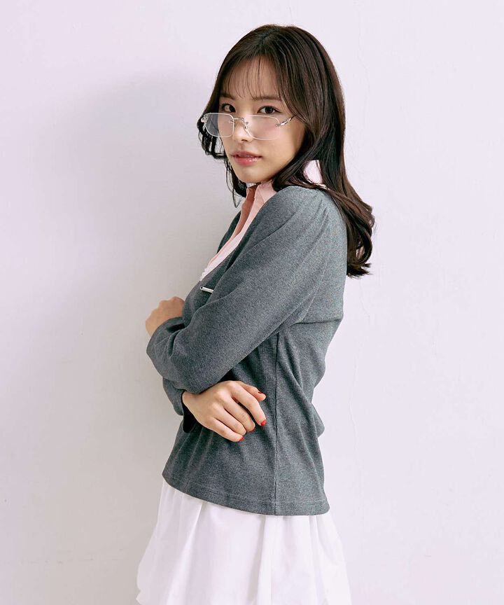 Shirt Layered Cut Pullover [Korean Fashion],Navy, medium image number 2