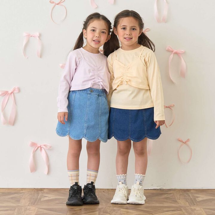 Stretch Denim Scallop Trim Skirt with Shorts,Sax blue, medium image number 32