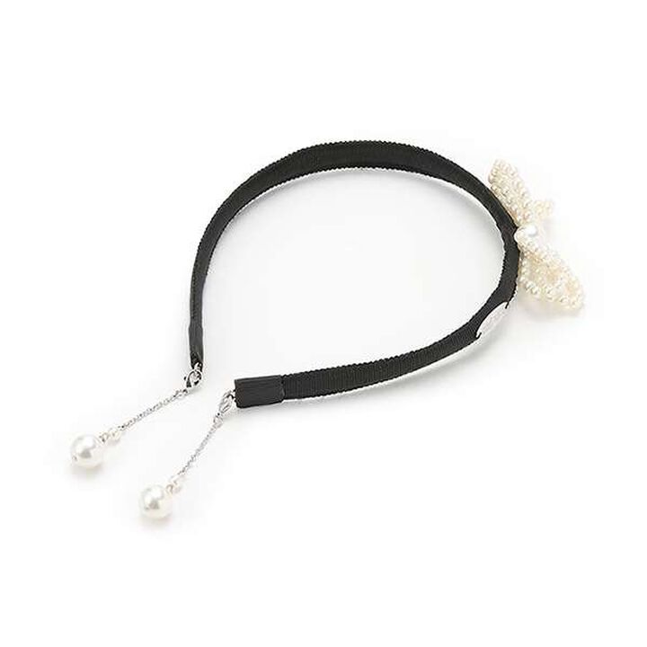 Charm-Embellished Pearl Ribbon Headband,Black, medium image number 0