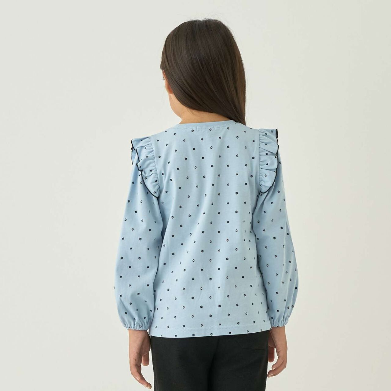 [100% Cotton] [Muteki T] [Stain Resistant/UV/Quick-Dry] Frilled Volume Sleeve All-Over Pattern T-Shirt for Girls [Kids],Blue gray, large image number 7