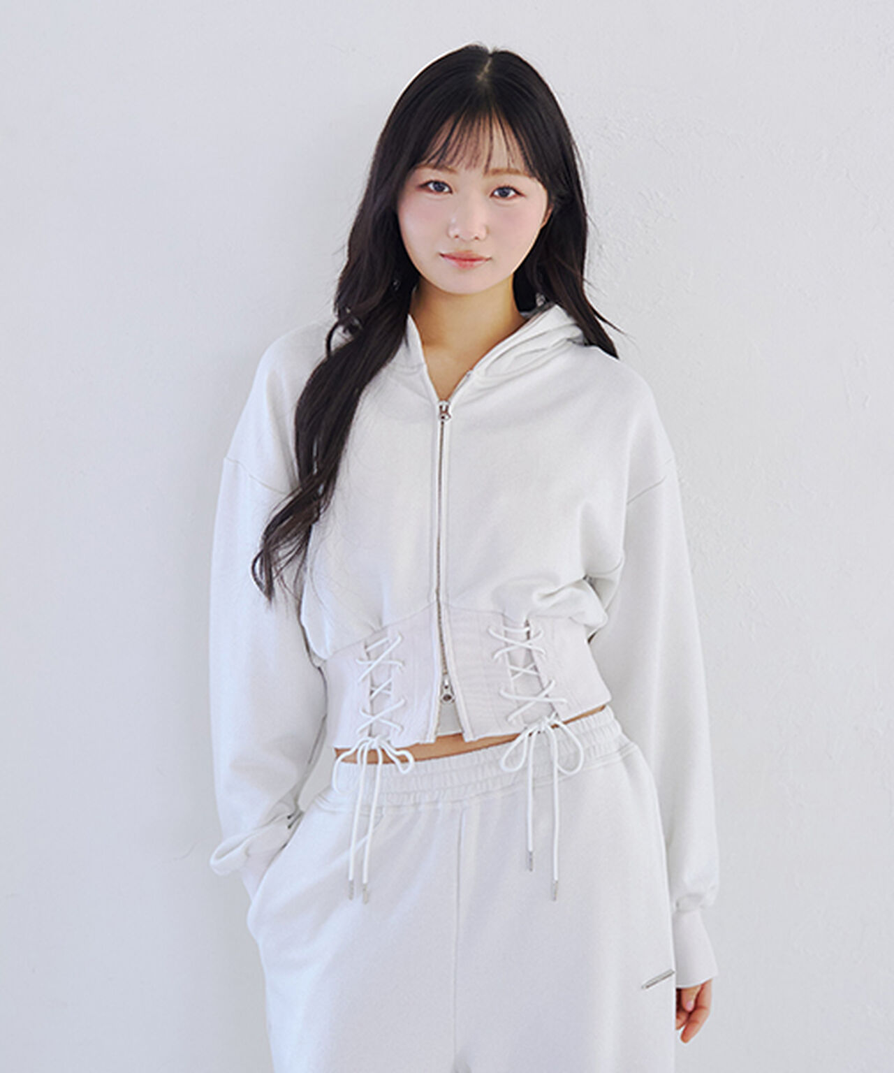 Lace-Up Sweatshirt Hoodie,Off white, large image number 0