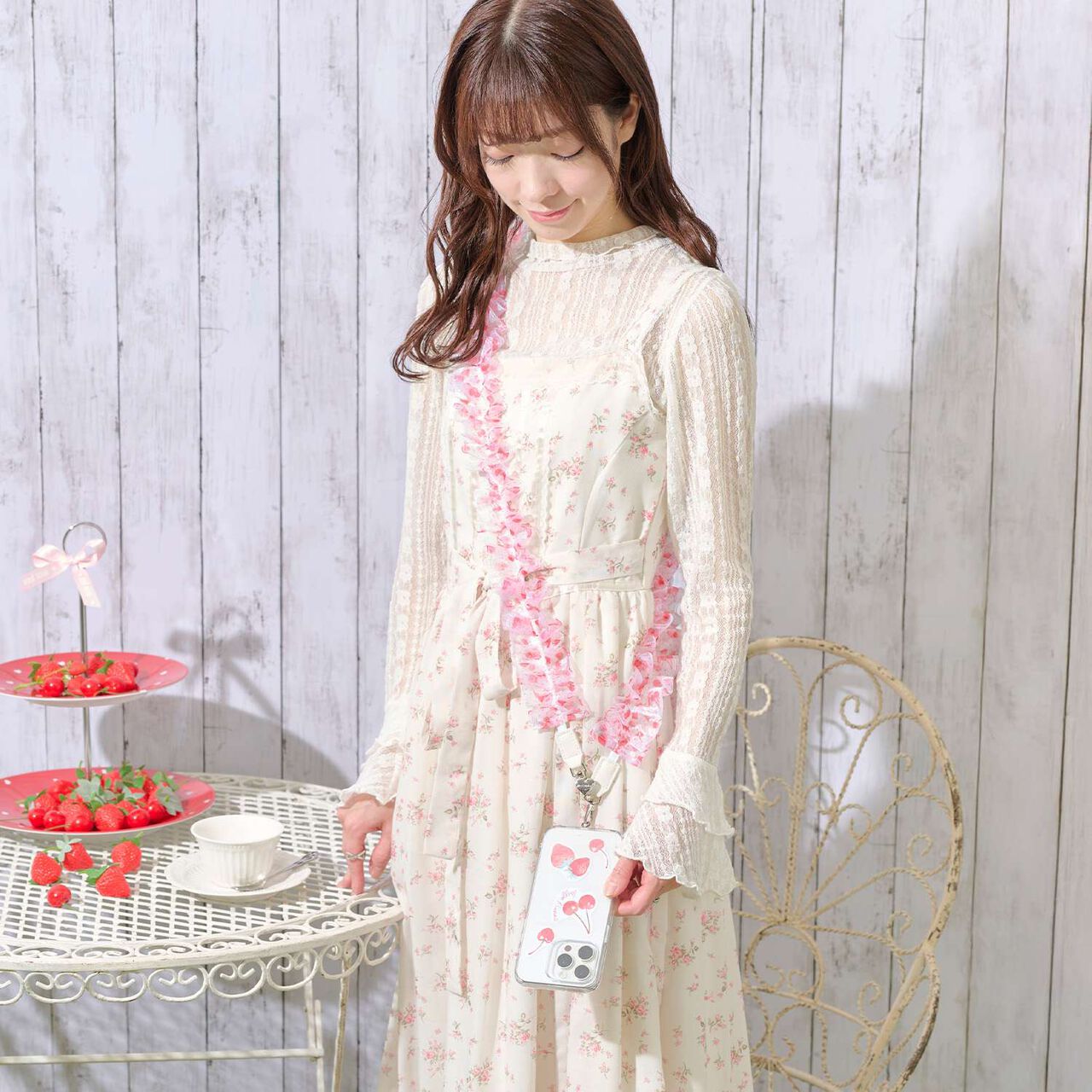 Cherry Berry Pattern Frill Shoulder Strap,Off white, large image number 0