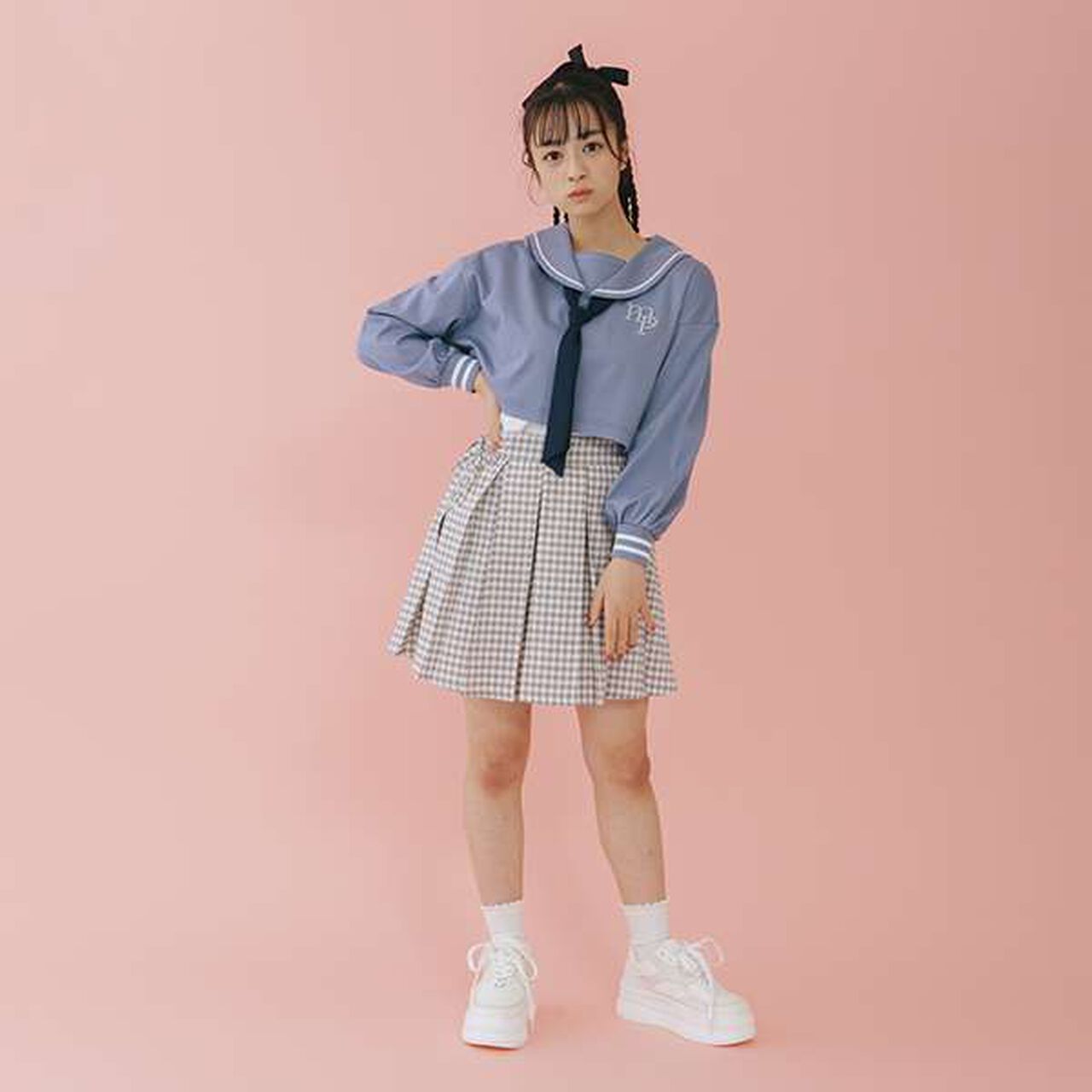 Short-Length Sailor Long-Sleeve Shirt & Tank Top Set,Sax blue, large image number 2