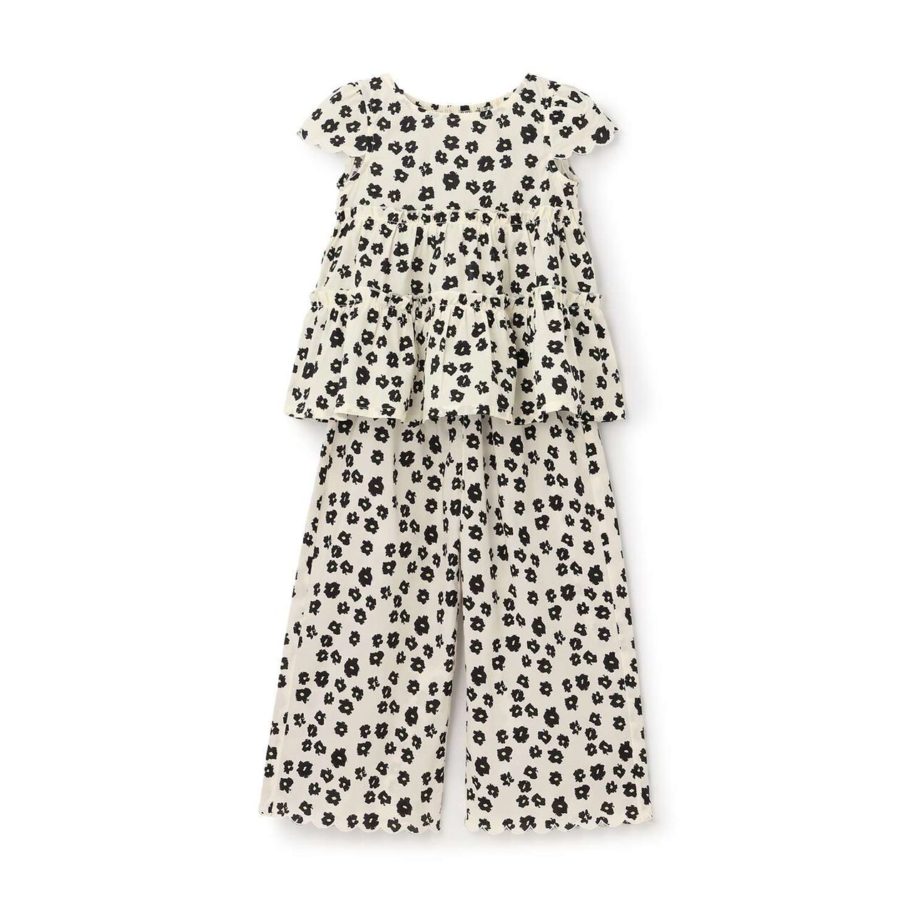 Assorted All-Over Pattern Tiered Blouse & Scallop Trim Pants Set,Emerald green, large image number 1