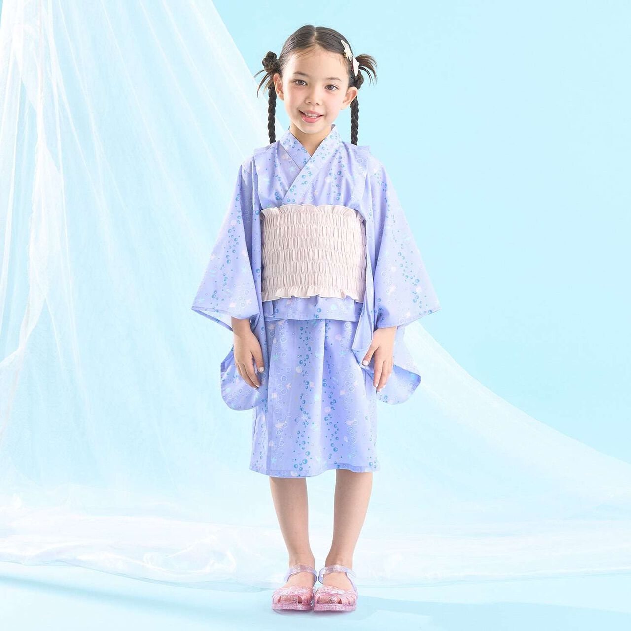 [Easy Wear♪] Cool Touch 4-Way Separate Yukata with Obi Belt (Kawaii) [Kids Girls],Dark red, large image number 31