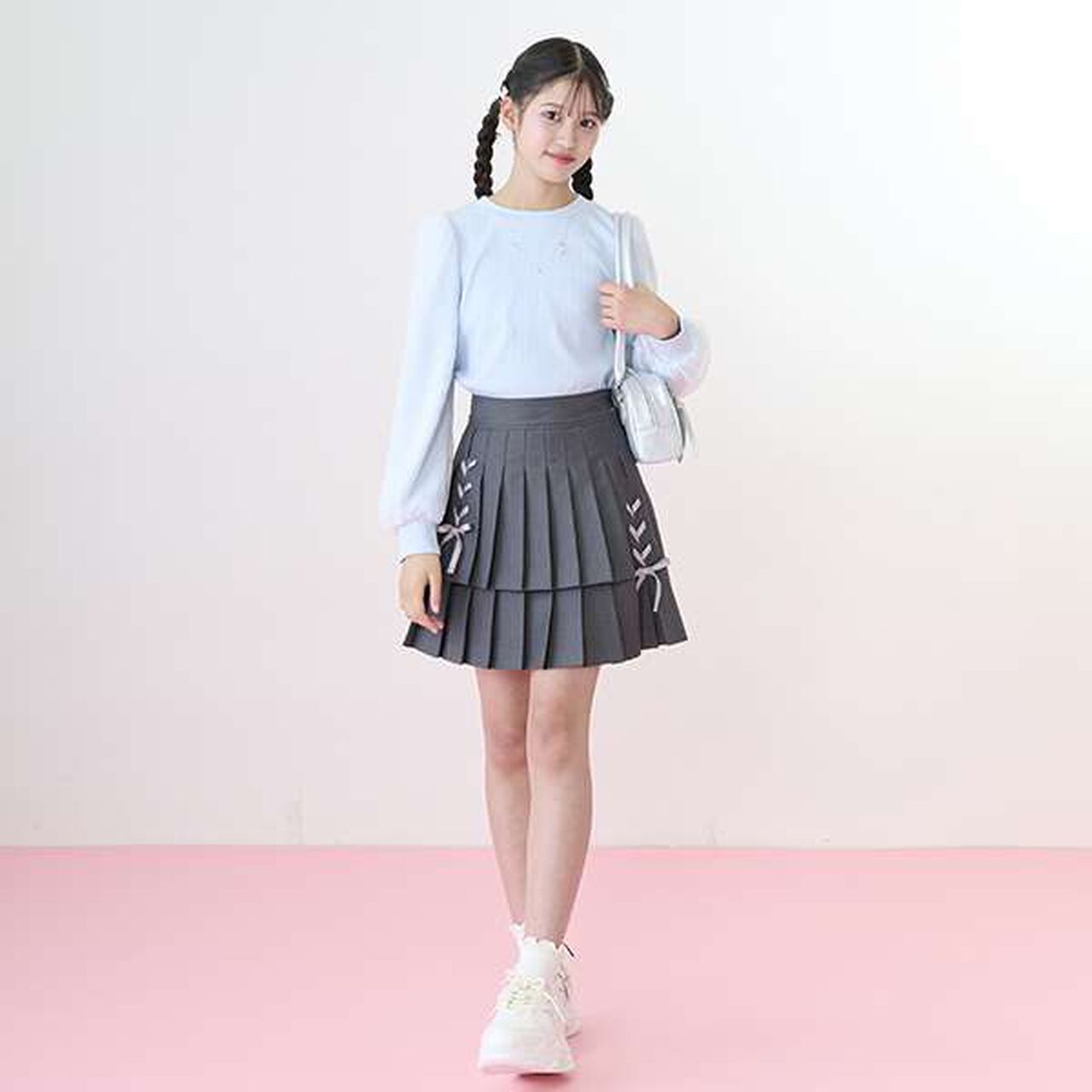 Lace-Up Ribbon Double Layer Pleated Skirt-Pants,Gray, large image number 13