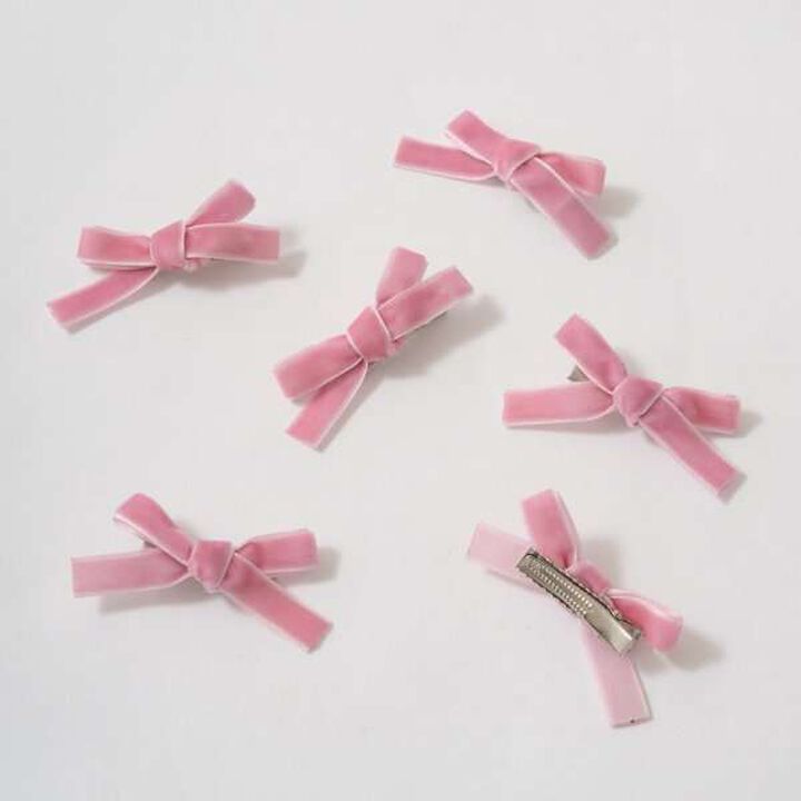 Velour Ribbon Hair Clip Set (6 Pieces),Pink, medium image number 11