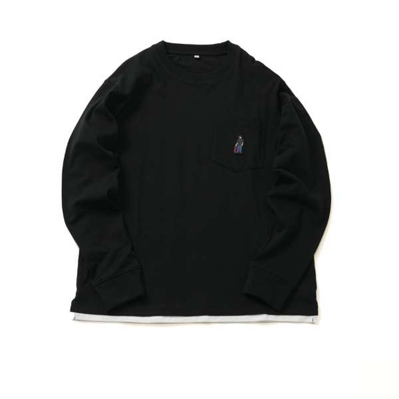 Embroidered Pocket Bob Layered Hem Long-Sleeve T-Shirt,Black, large image number 0