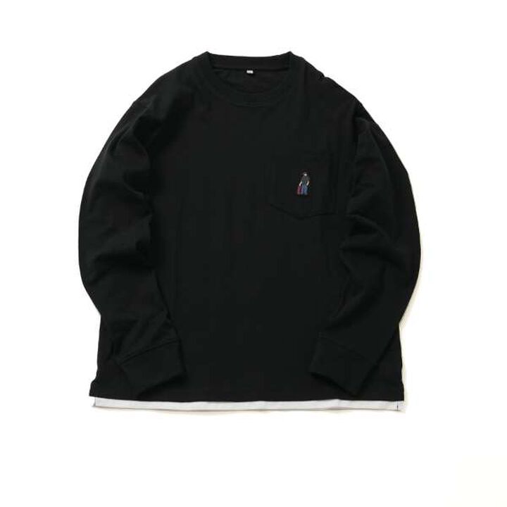 Embroidered Pocket Bob Layered Hem Long-Sleeve T-Shirt,Black, medium image number 0