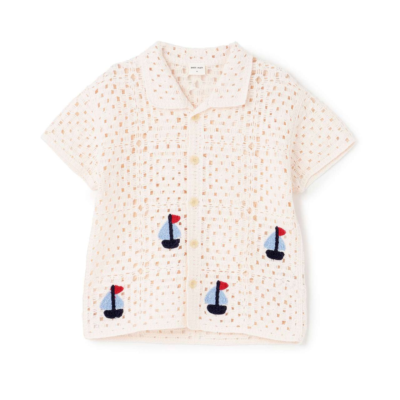 Black Crochet Open-Collar Shirt,Pearl white, large image number 7