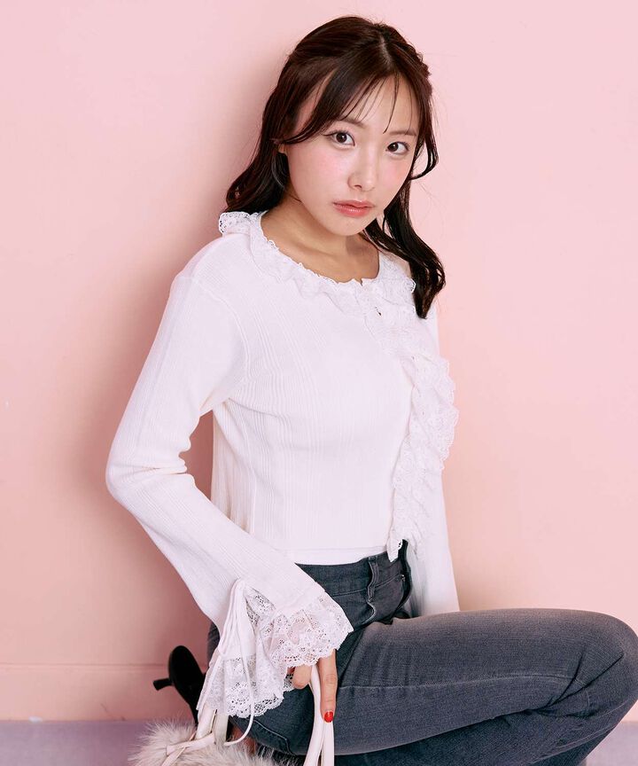 Frill Lace Knit Cardigan,Navy, medium image number 1