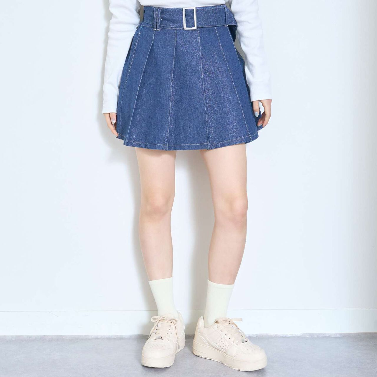[LTXC] Denim Pleated Skirt with Belt,Navy, large image number 0
