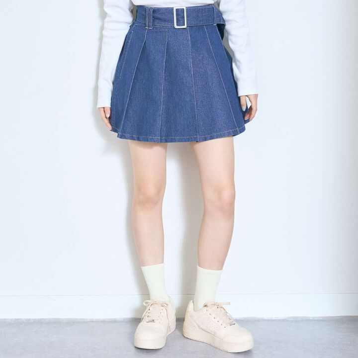 [LTXC] Denim Pleated Skirt with Belt,Navy, medium image number 0