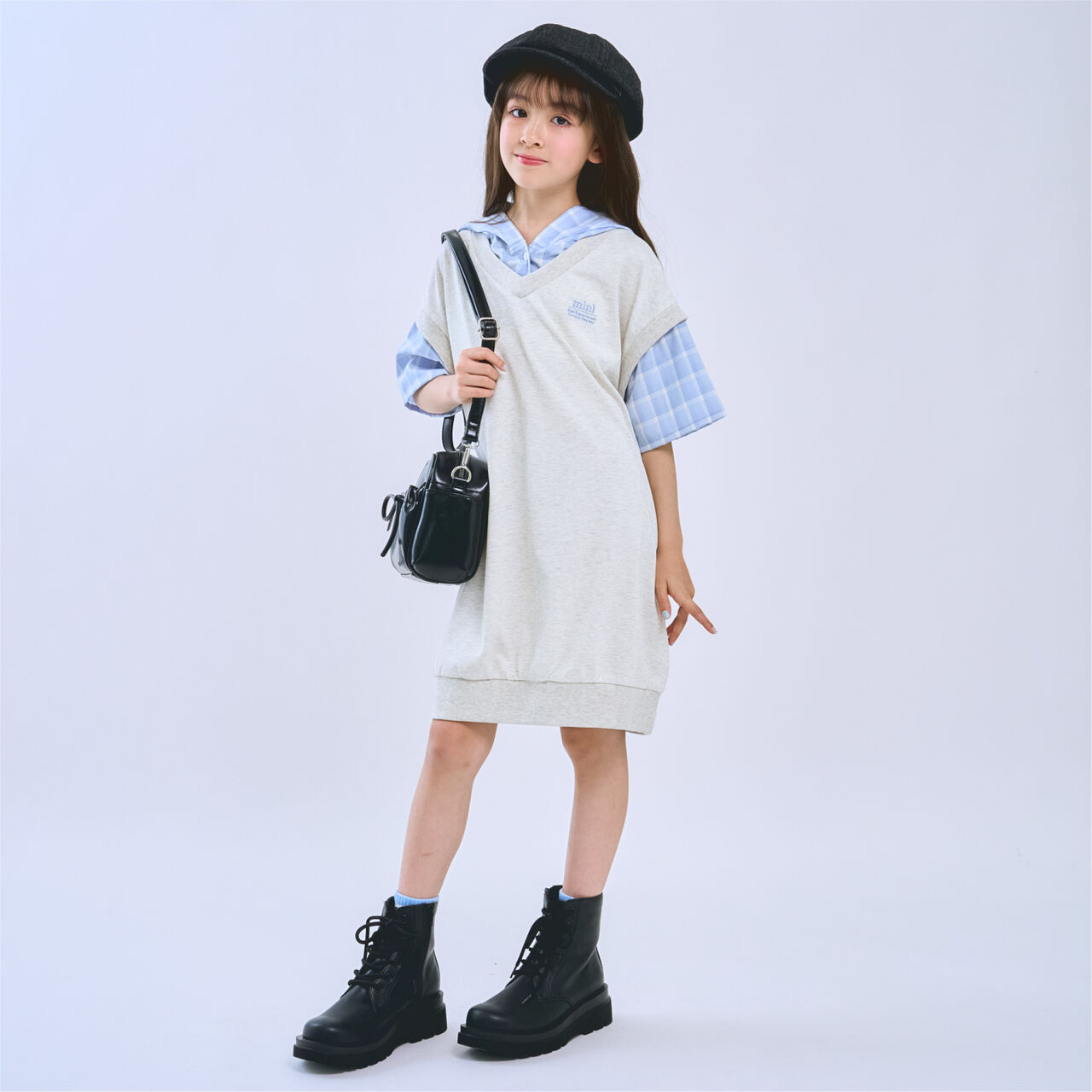 Layered Shirt Hoodie One-Piece Dress,Smoke white, large image number 3