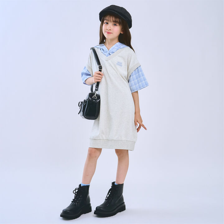 Layered Shirt Hoodie One-Piece Dress,Smoke white, medium image number 3