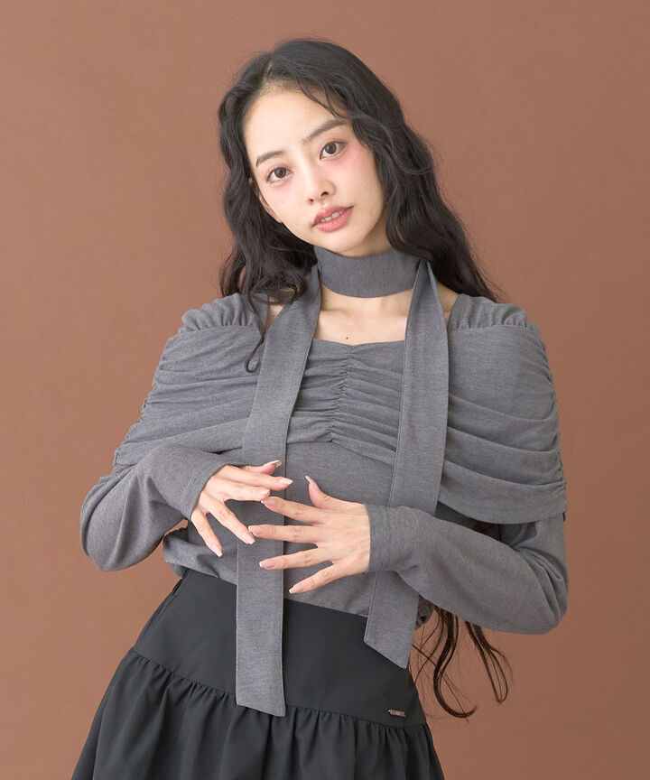 Tie-Detail Gathered Off-Shoulder Cut and Sew Top,Gray, medium image number 1