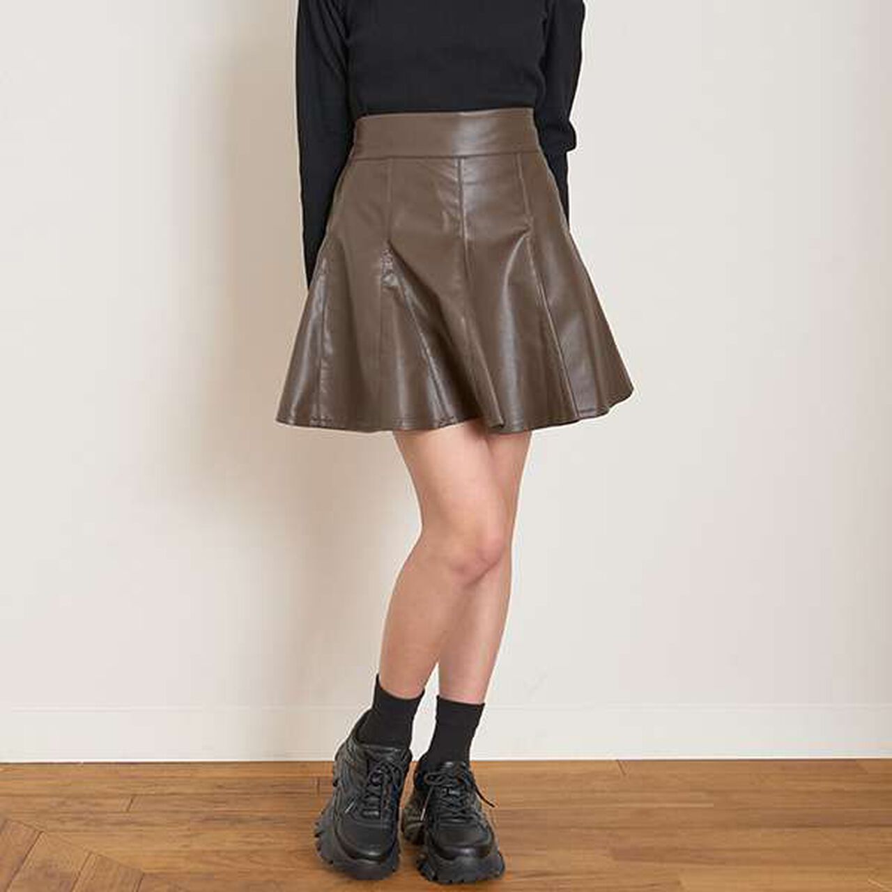 Leather-Look Flared Skirt Pants,Black, large image number 12