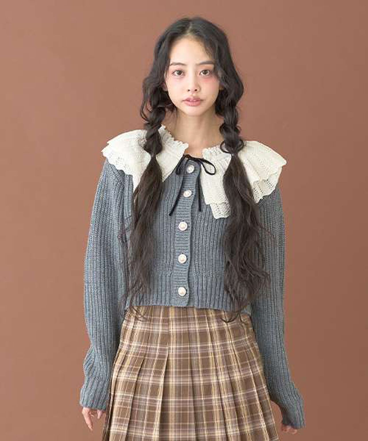 Frill Collar Pearl Button Cardigan [Korean Fashion],Navy, large image number 3