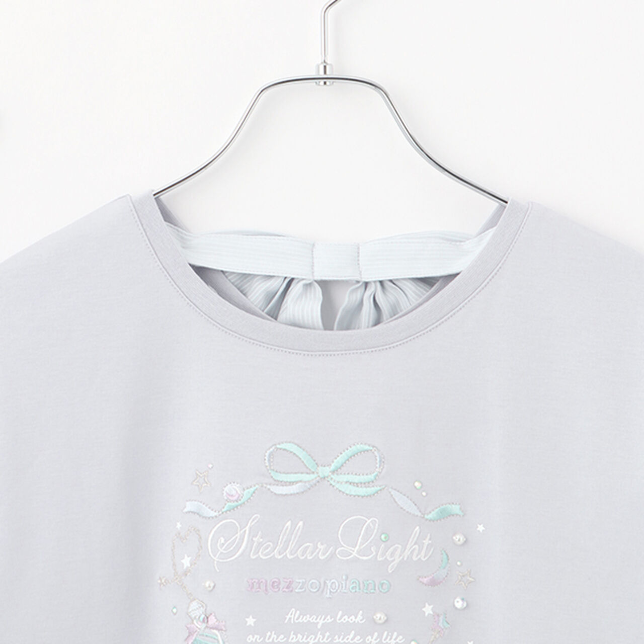 Flare Sleeve Back Ribbon Short Sleeve T-Shirt,Sax blue, large image number 6