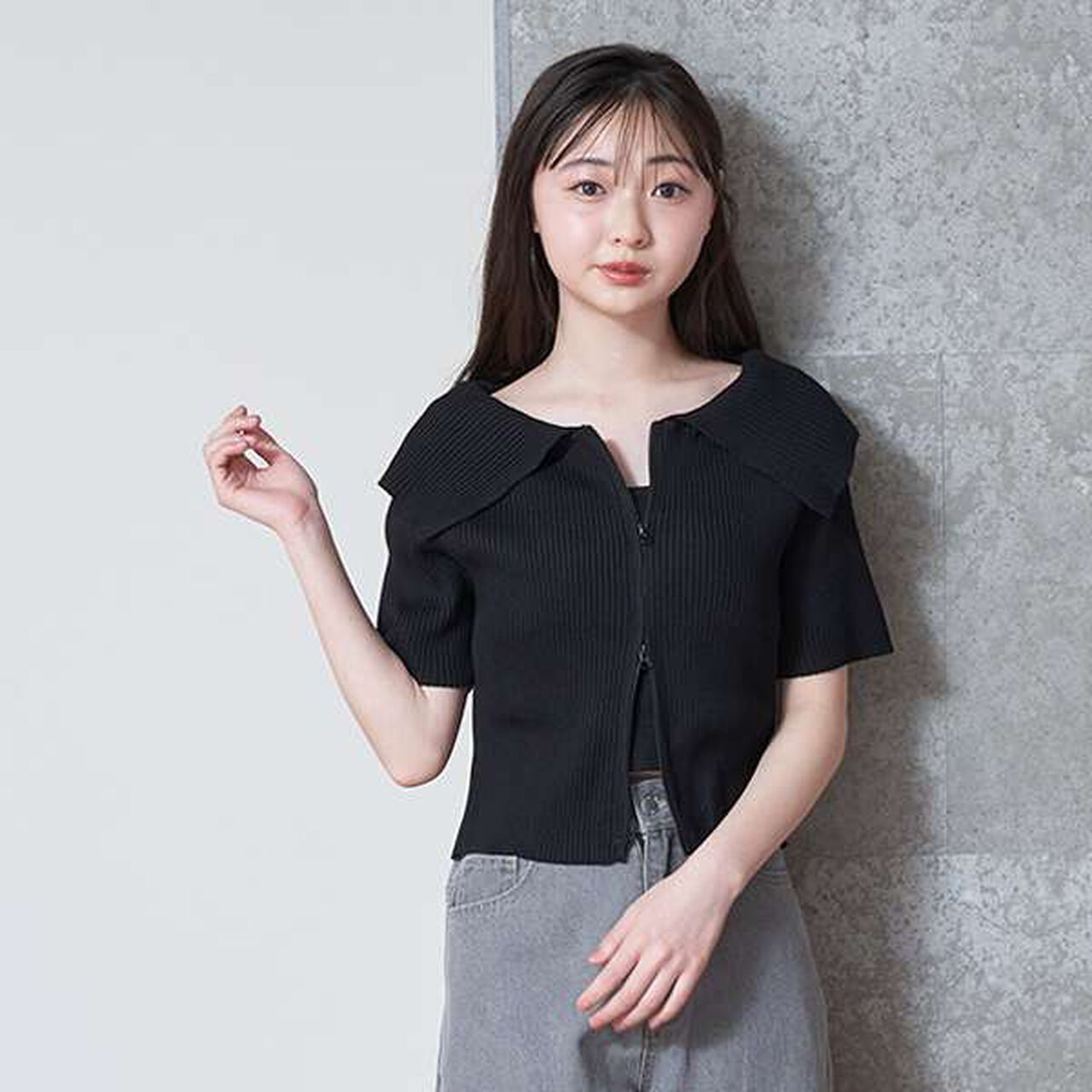 Big Collar Zip Knit,Off white, large image number 20