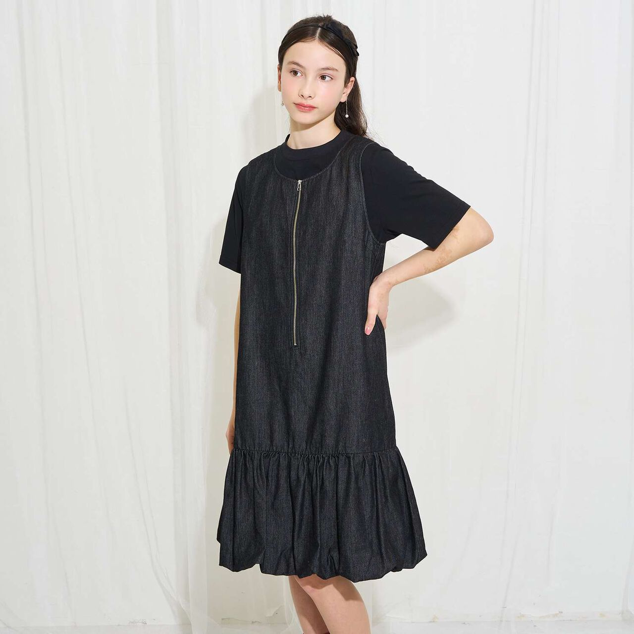 [AMI] Cool Touch Denim Balloon Jumper Skirt Inner Set,Black, large image number 15