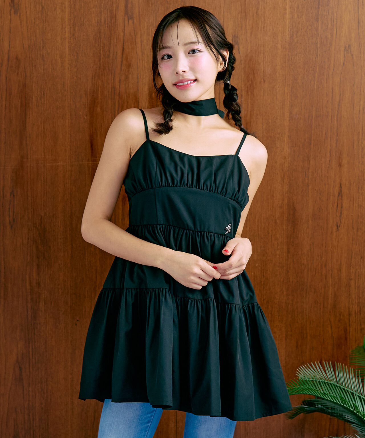 Tie-Front Gathered One-Piece Dress [Korean Fashion],Black, large image number 0
